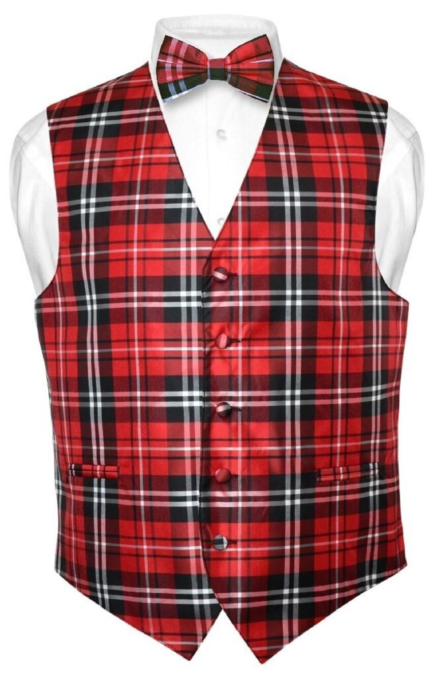 Vesuvio Napoli Mens Dress Vest & Bow Tie Set Black Red White Plaid Size 3XL